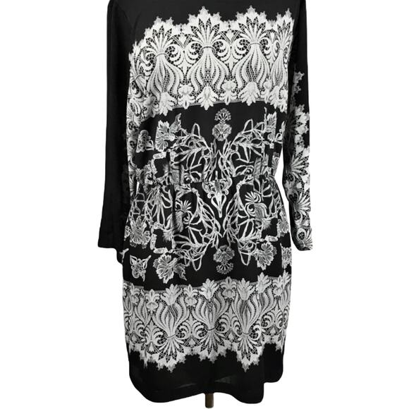 BCBGMAXAZRIA Shift Dress Black Paisley Lace Print Round Neck Tunic Medium EUC - Picture 6 of 9